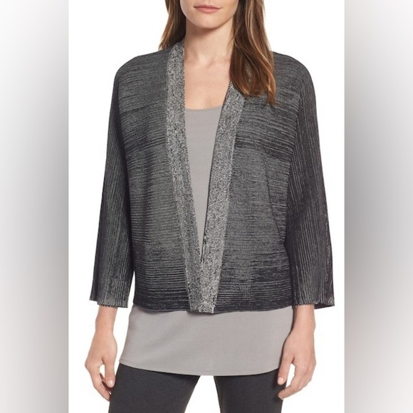 Eileen Fisher Silk Organic Cotton Open Front Cardigan Knit Sweater Grey Black - Picture 1 of 5